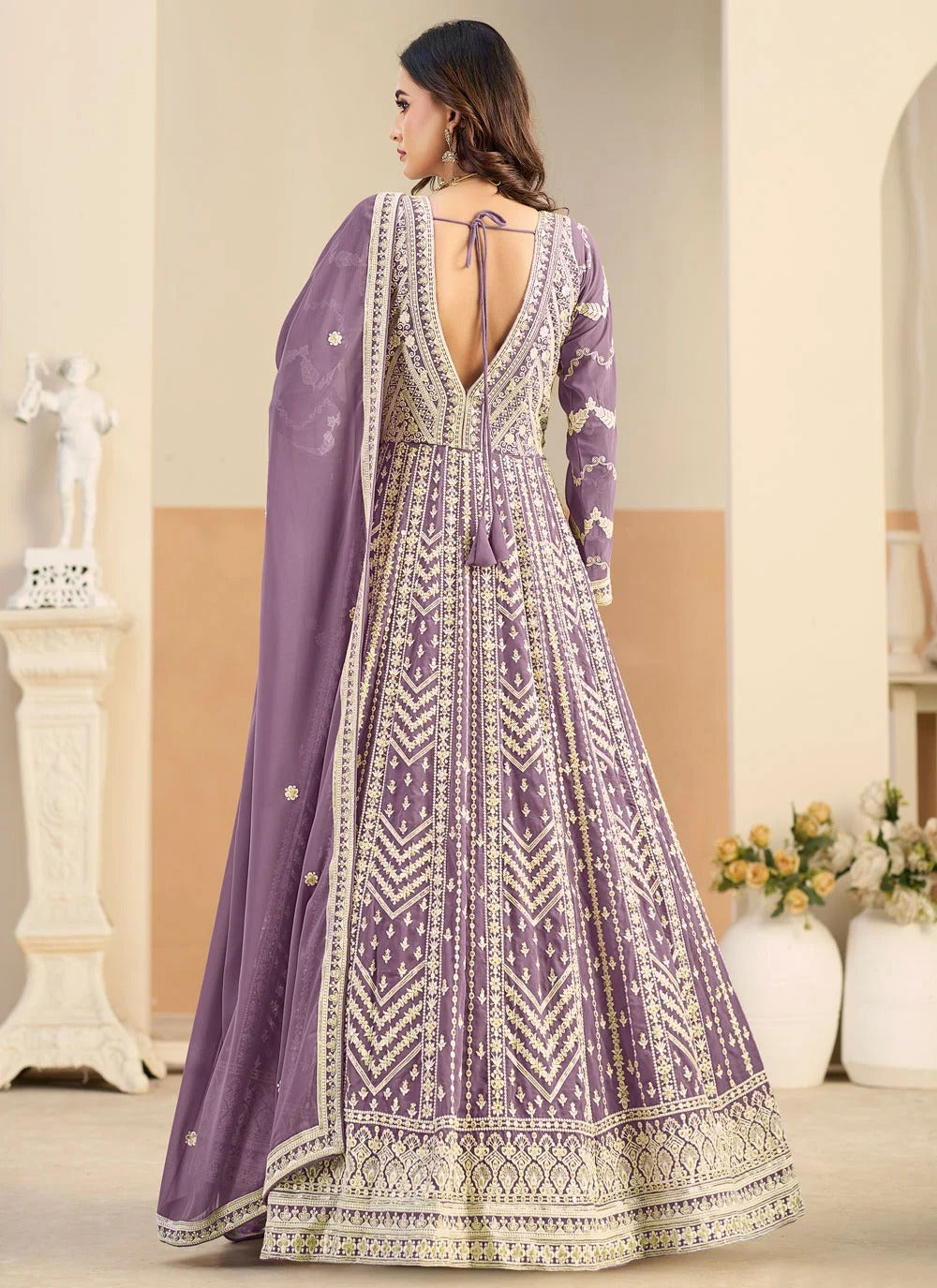 Lavender embroidered anarkali suit in faux georgette for engagement wear