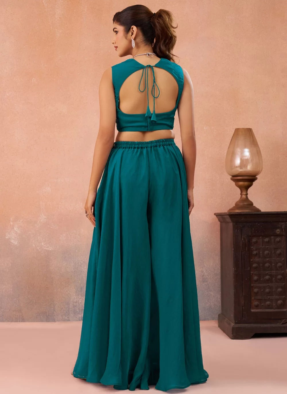 Morpeach organza indo western set with embroidered flared cape palazzo