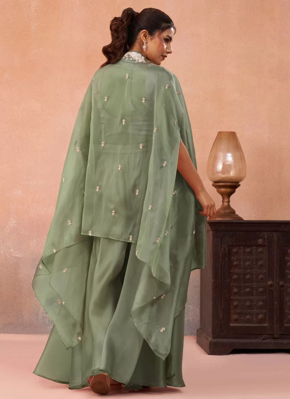 Pista green tissue indo western set with embroidered flared cape palazzo