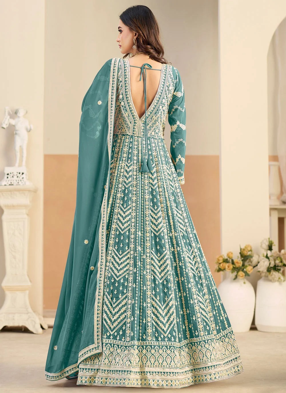 Sea green embroidered anarkali suit in faux georgette for mehndi wear