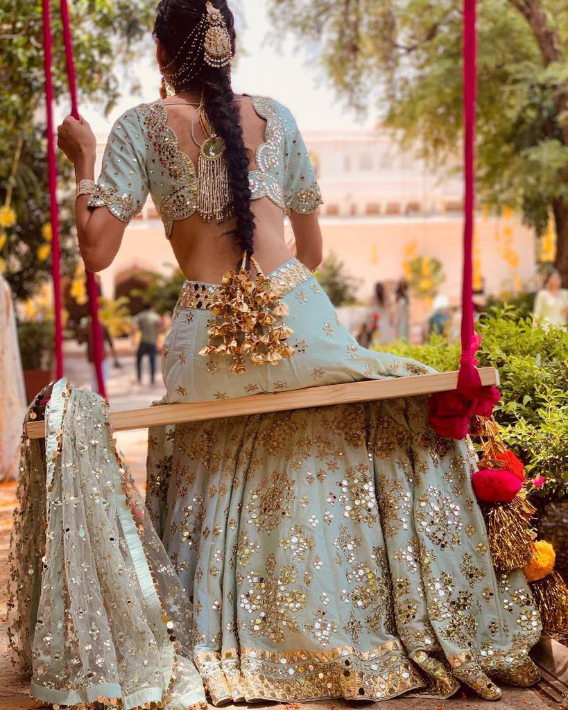 Pastel Sky Elegant Mulberry Silk Lehenga Set with Exquisite Detailing