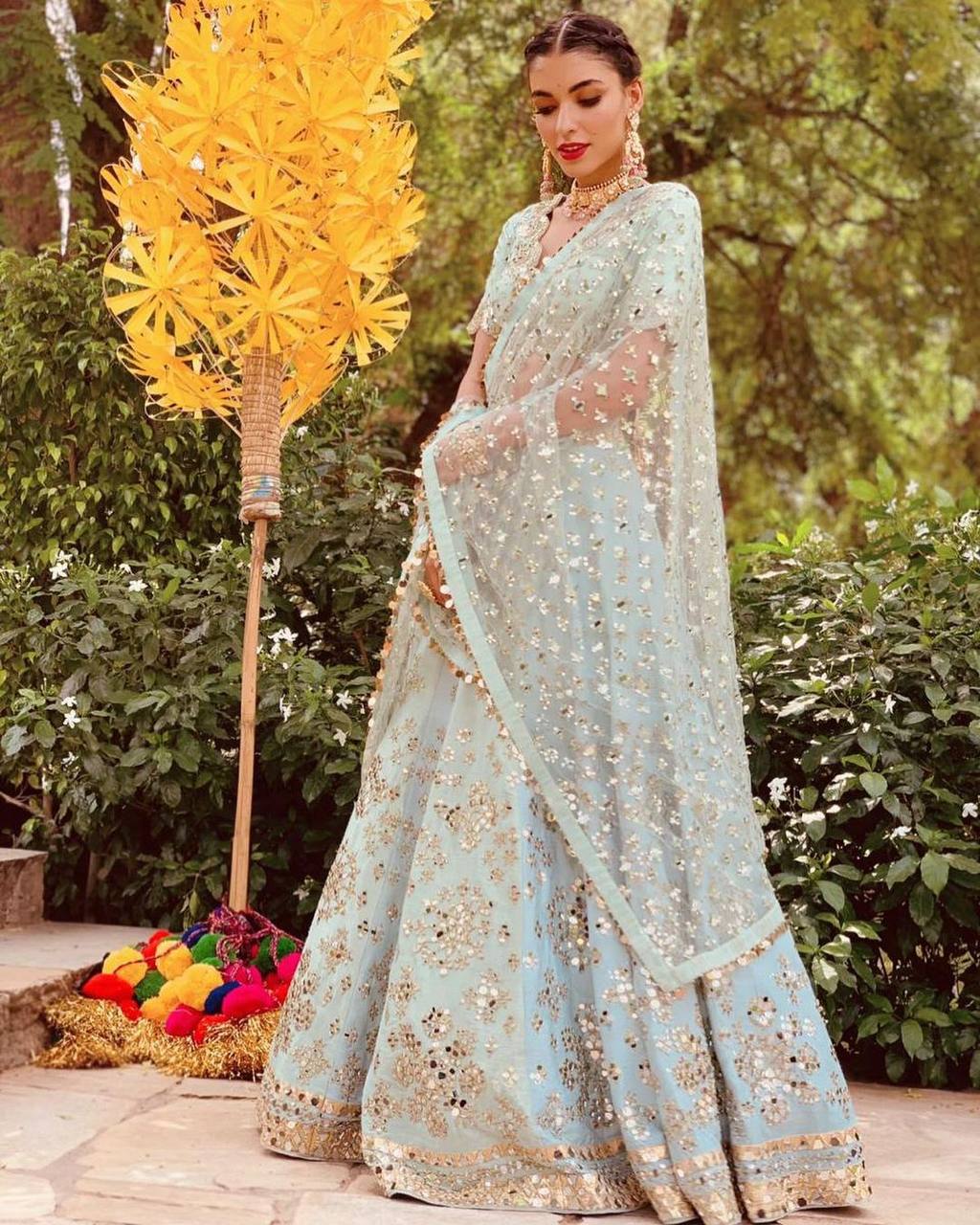 Pastel Sky Elegant Mulberry Silk Lehenga Set with Exquisite Detailing