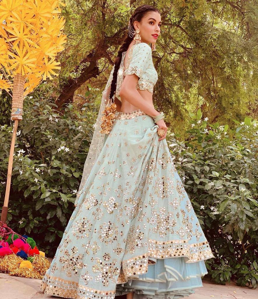 Pastel Sky Elegant Mulberry Silk Lehenga Set with Exquisite Detailing