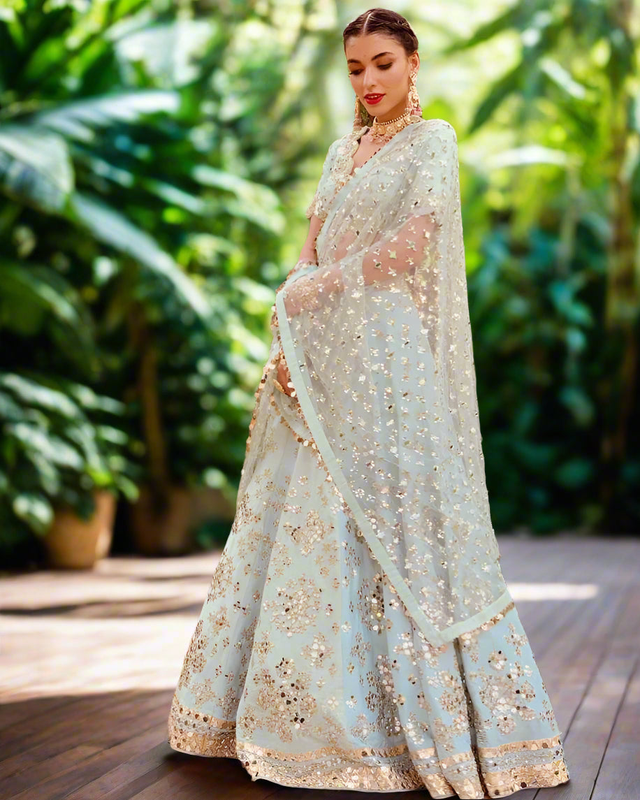 Pastel Sky Elegant Mulberry Silk Lehenga Set with Exquisite Detailing