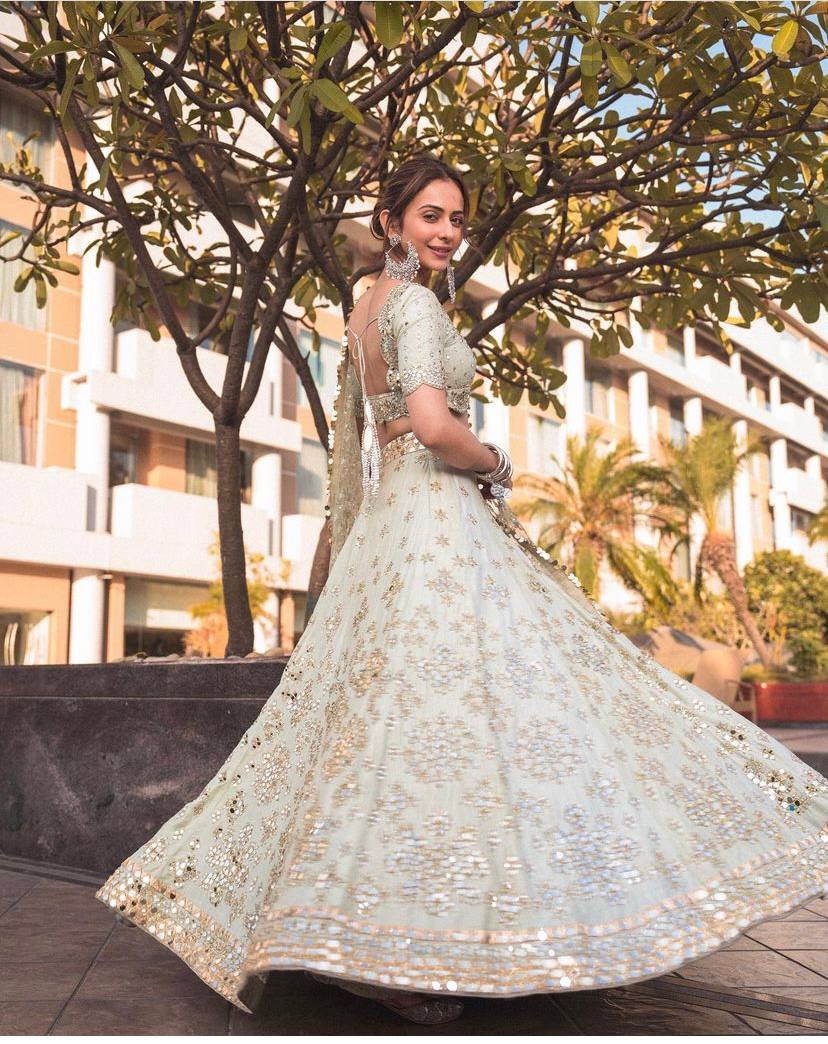 Pastel Sky Elegant Mulberry Silk Lehenga Set with Exquisite Detailing