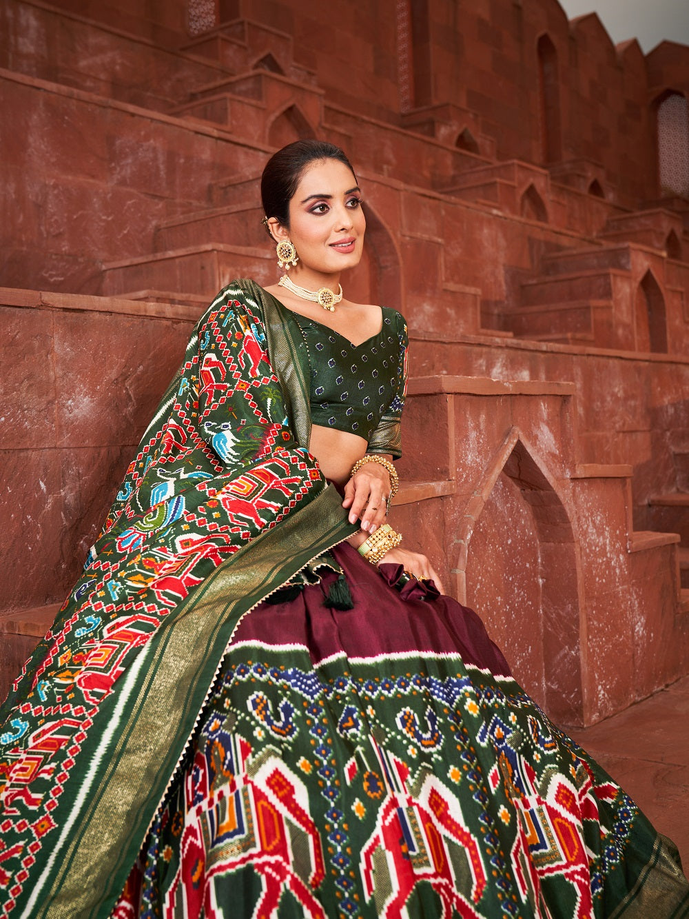 Brown Color Haydrabadi Patola Printed Dola Silk Lehenga Choli