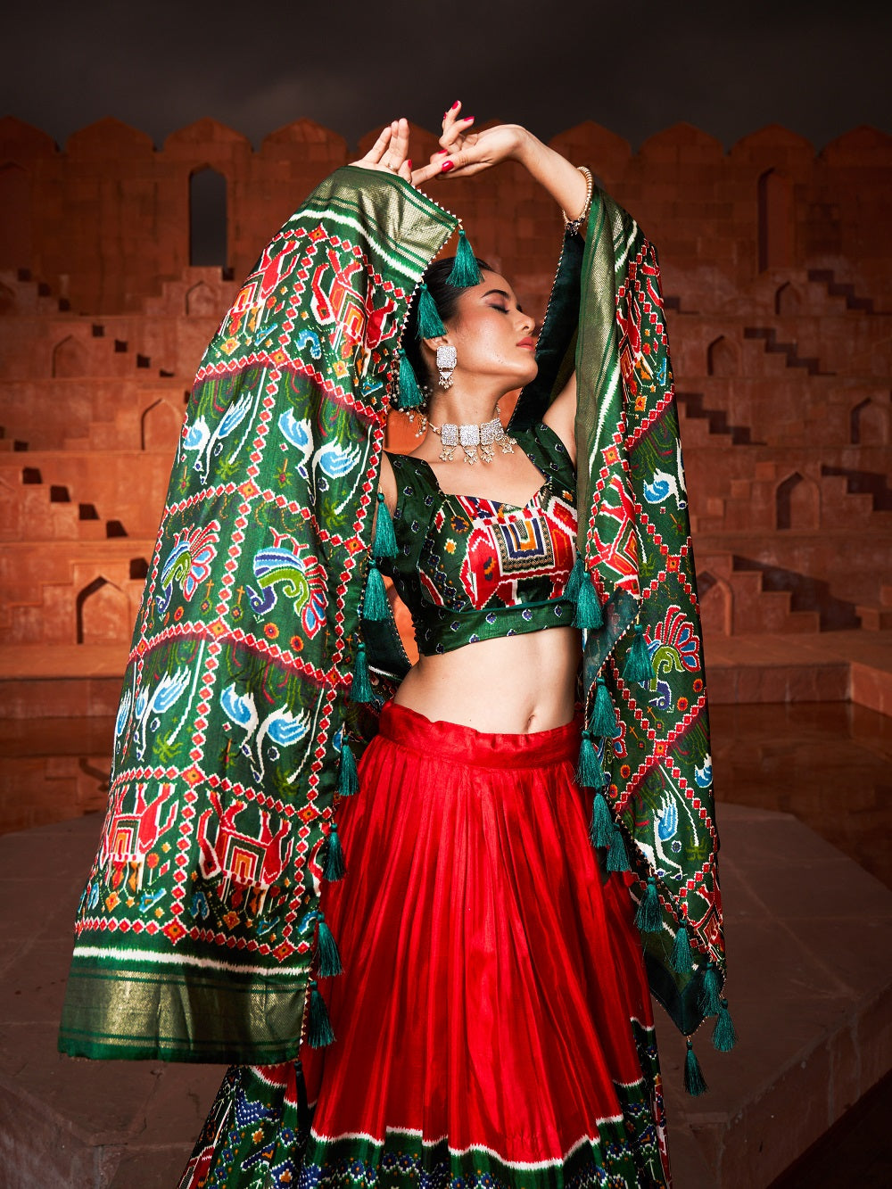Red Color Patola Printed Silk Navratri Chaniya Choli Garba Dress