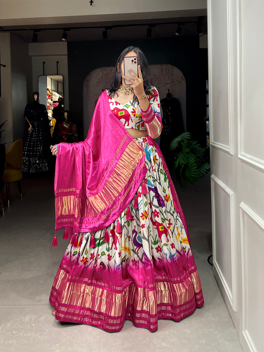 White Color Ikkat Patola Printed Gaji Silk Lehenga Choli