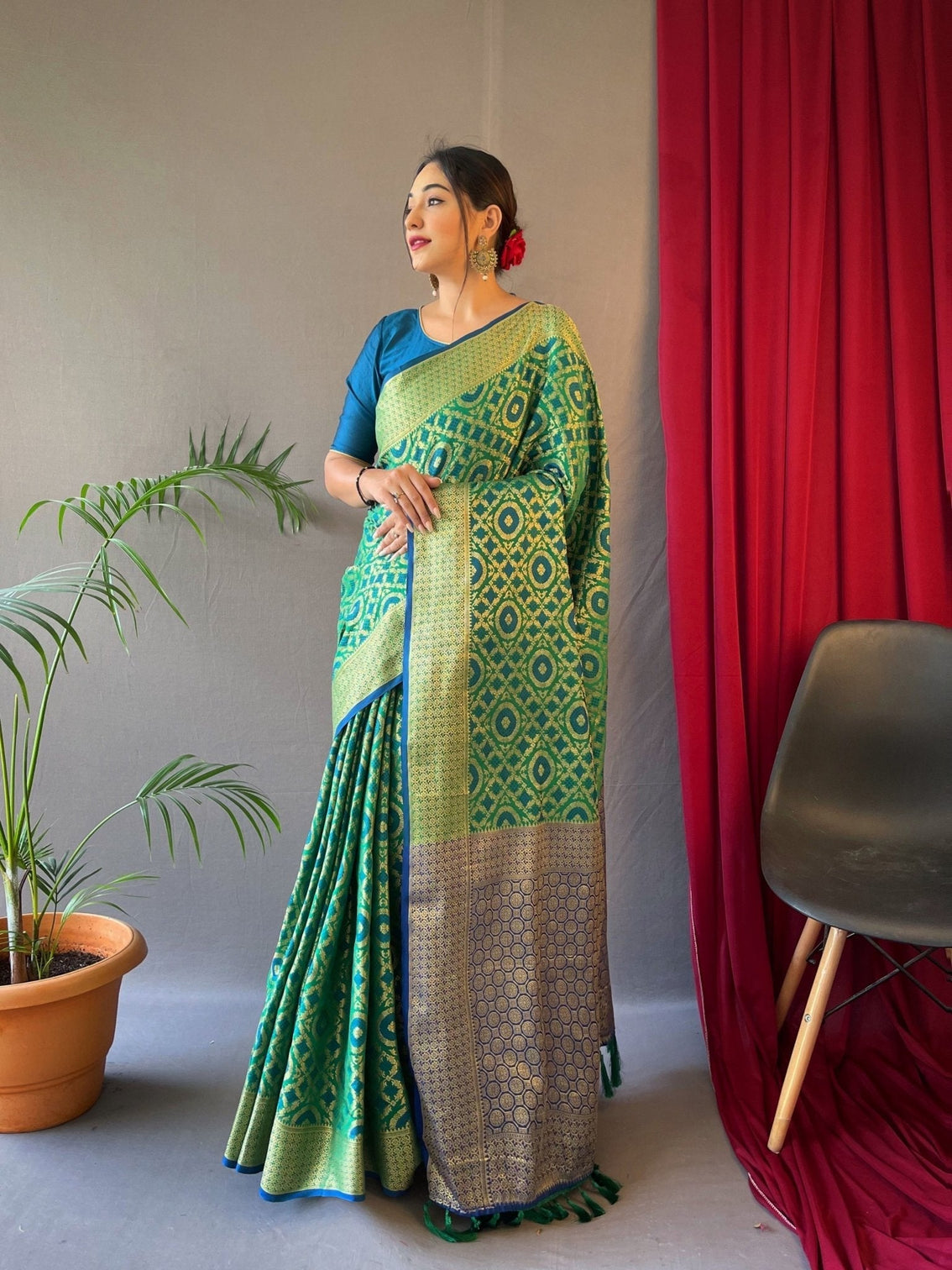 Green with Blue Saree in Patola Silk for women