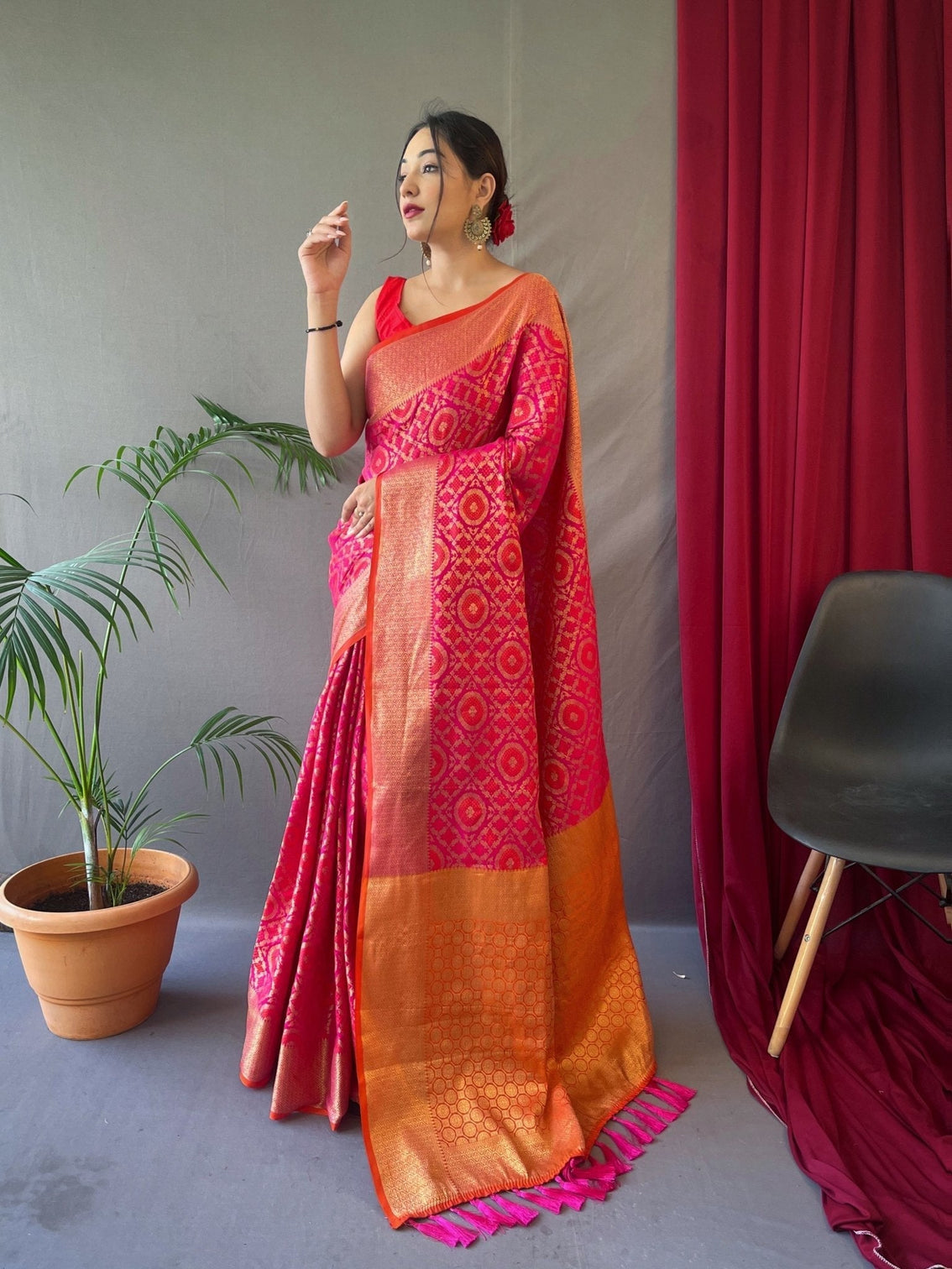 Pink with Orange Saree in Patola Silk for women