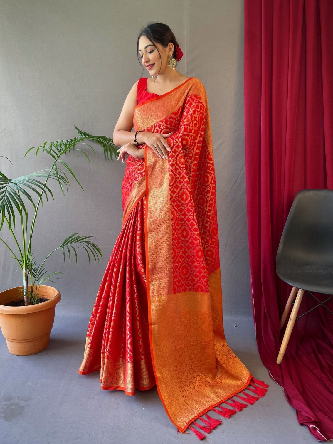 Red with Orange Saree in Patola Silk for women