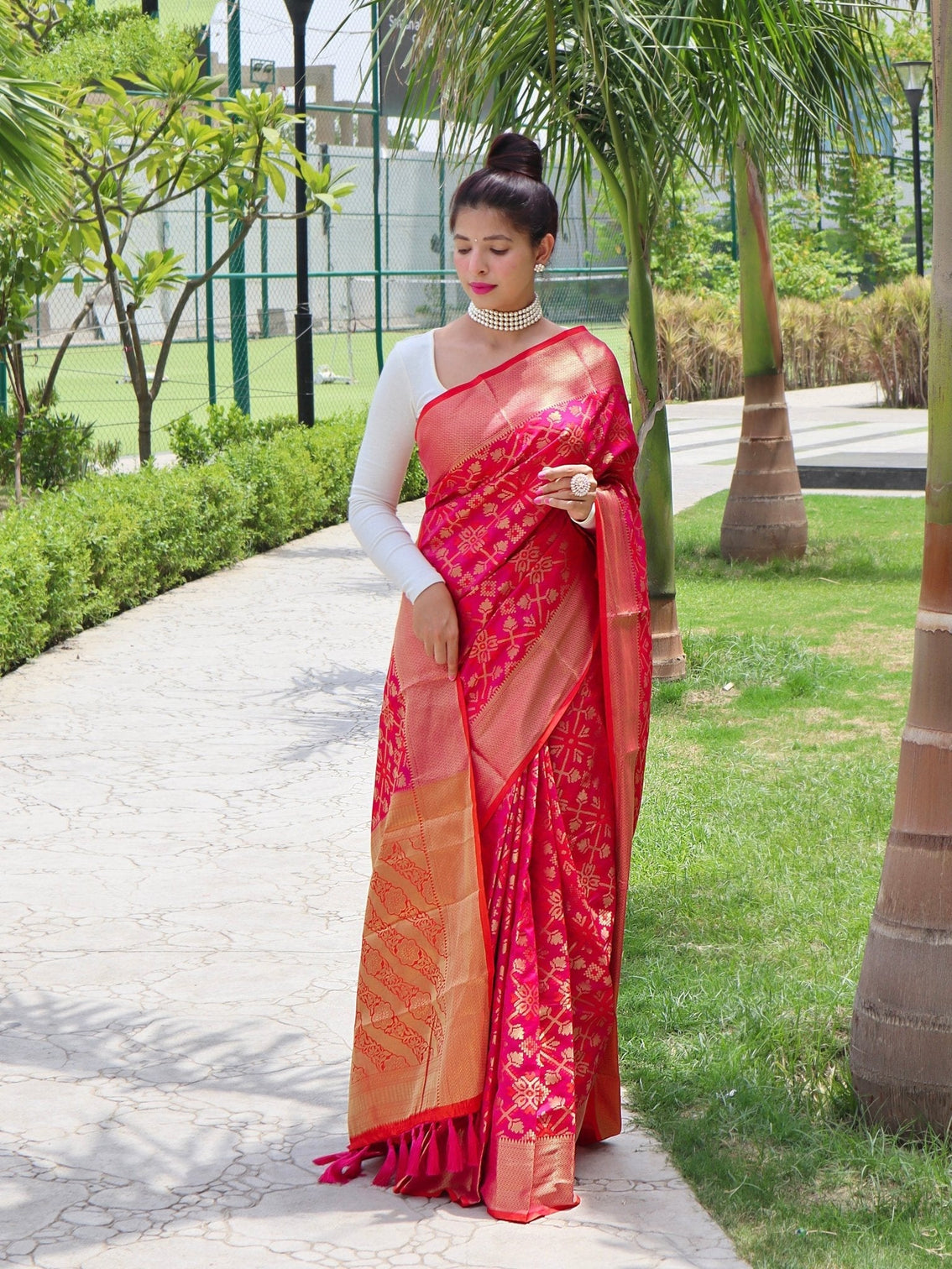 Pink with Orange Saree in Patola Silk for wedding