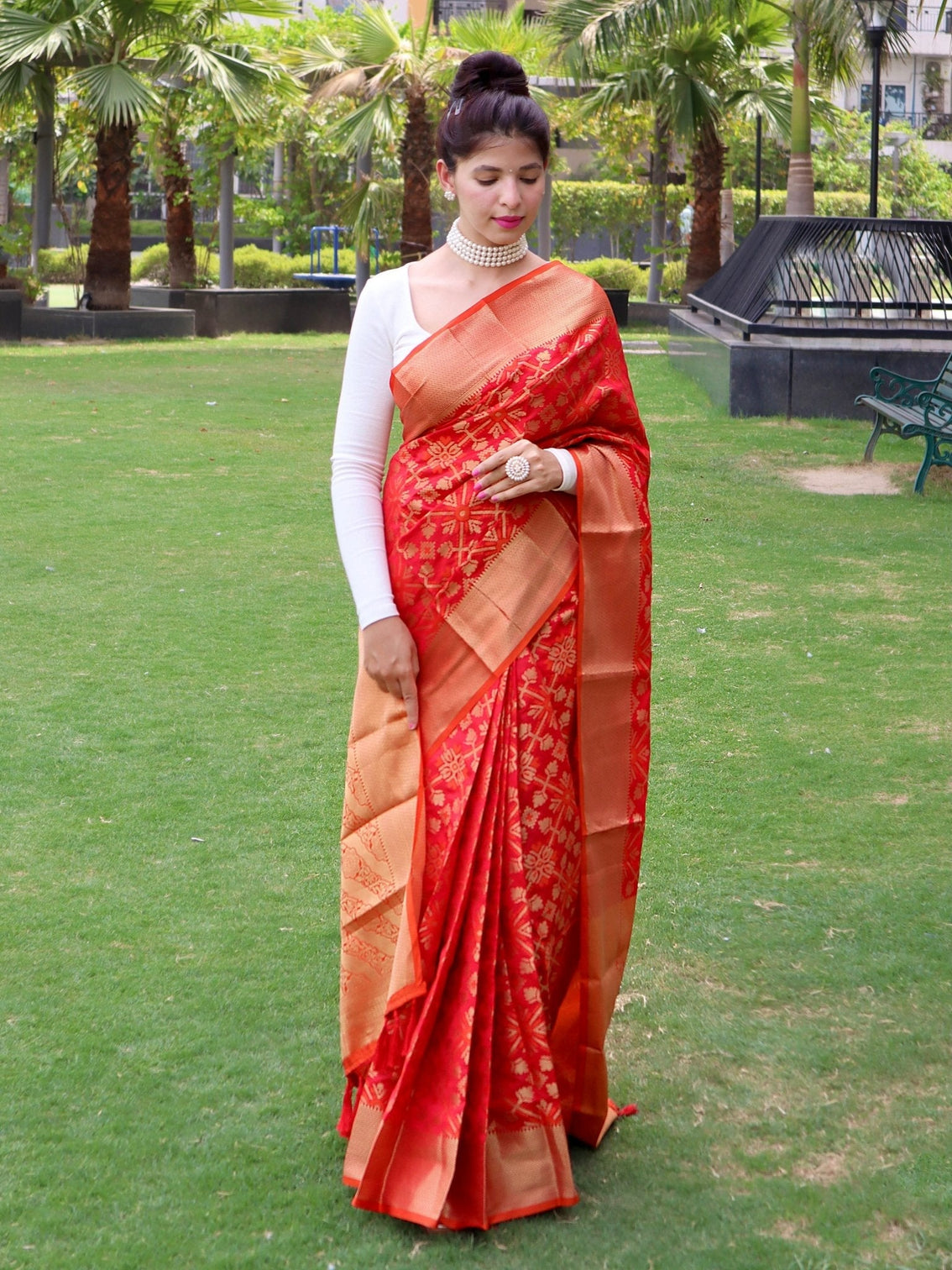 Red with Orange Saree in Patola Silk for wedding