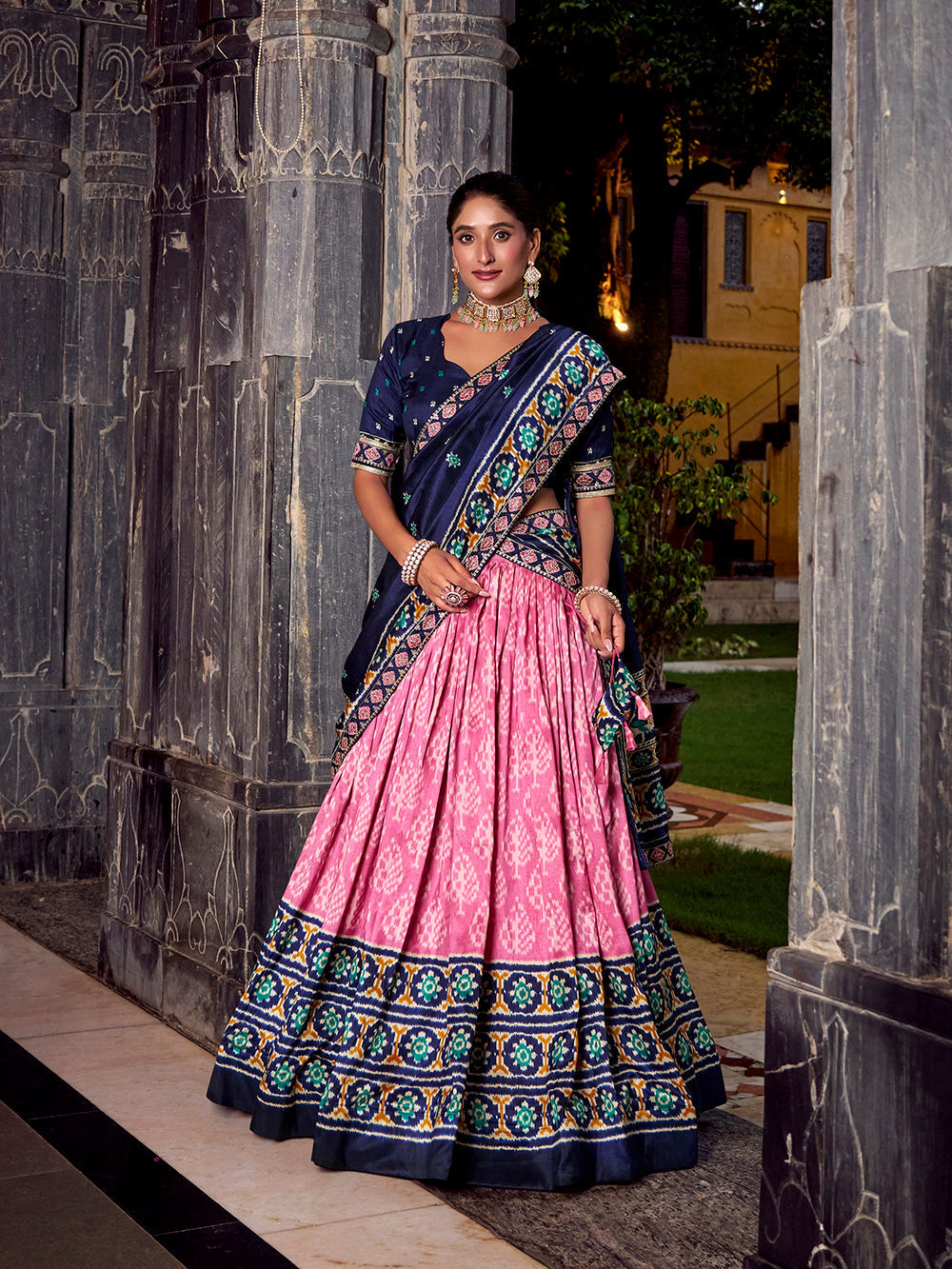 Light pink tasar silk ikat patola print lehenga choli with blue embroidered blouse dupatta