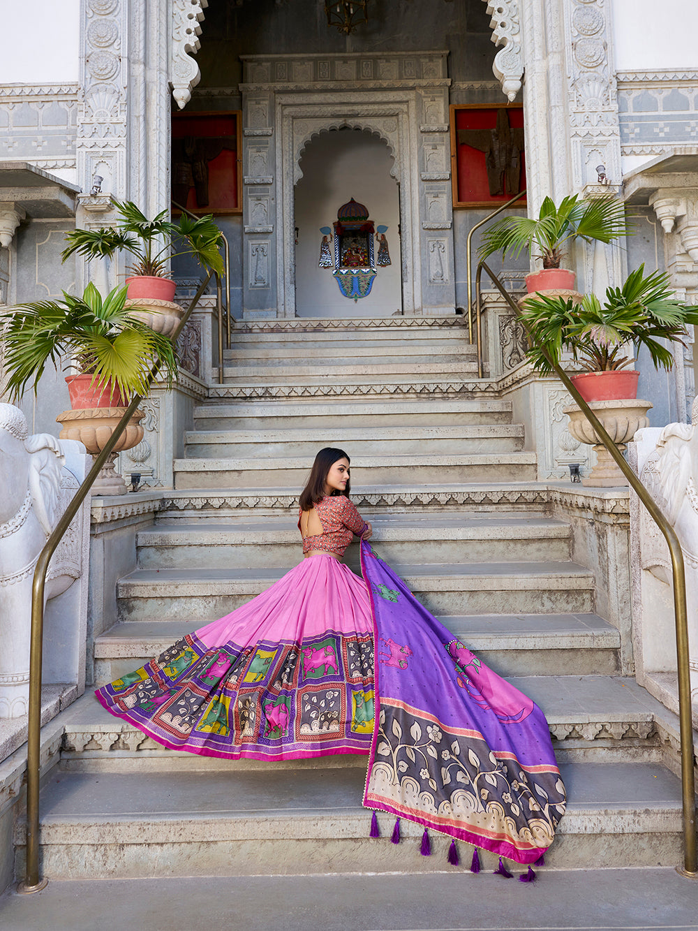 Peach tasar silk lehenga choli with kalamkari print foil work