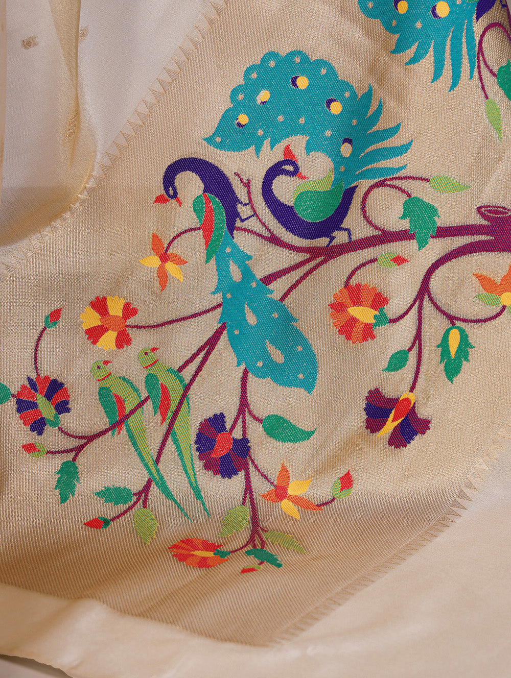 Cream tissue paithani saree with intricate zari weaving unstitched blouse