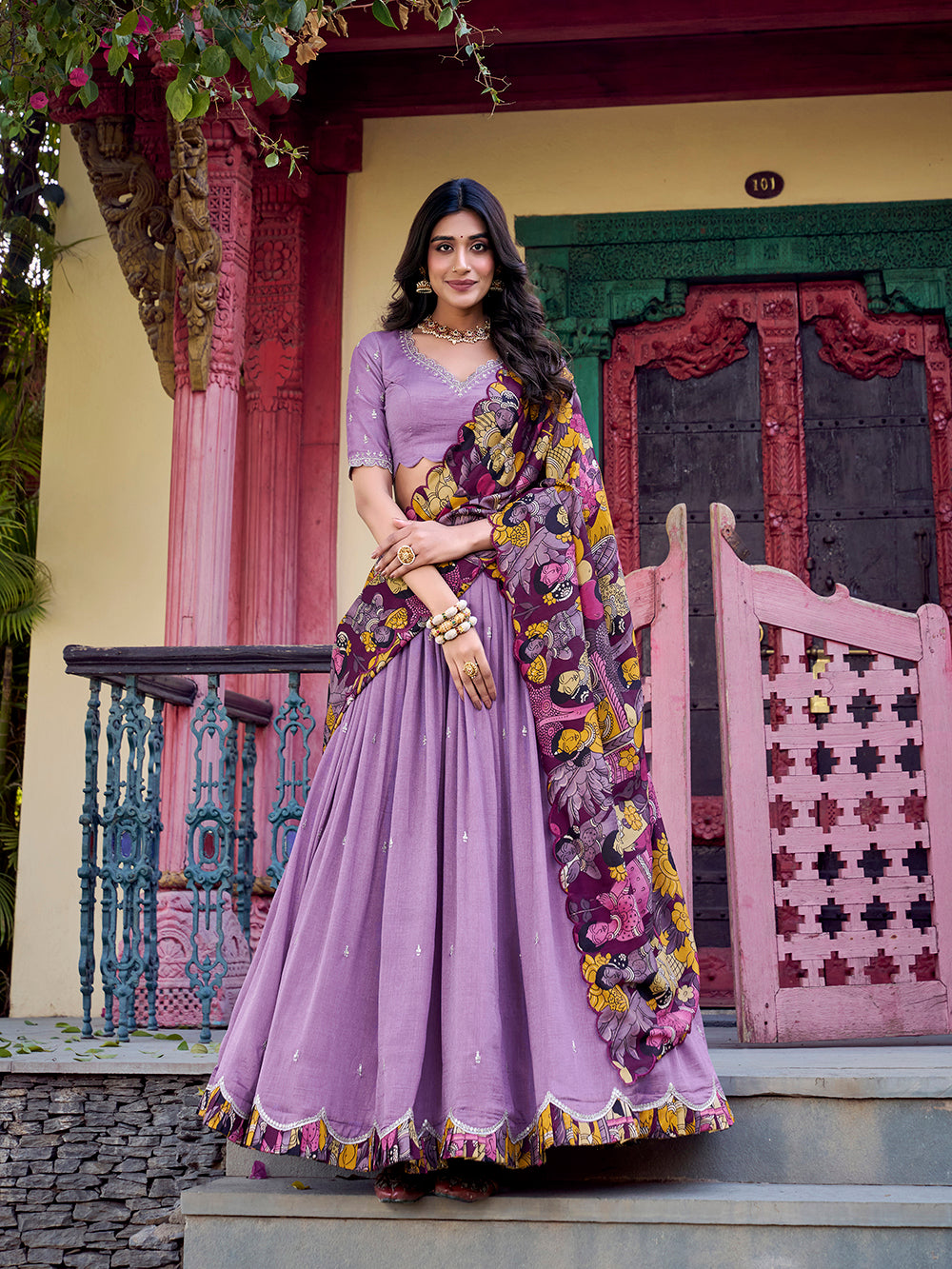 Lavender vichitra silk lehenga choli with kalamkari scallop border tussar silk dupatta