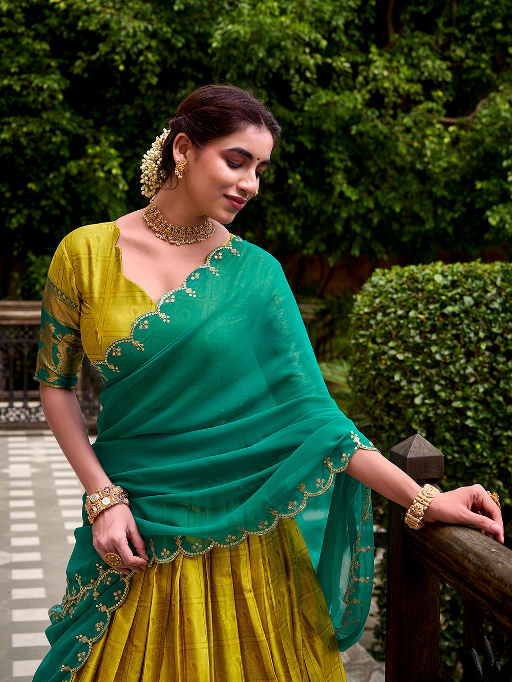 Yellow poly cotton lehenga choli with zari weaving embroidered georgette dupatta