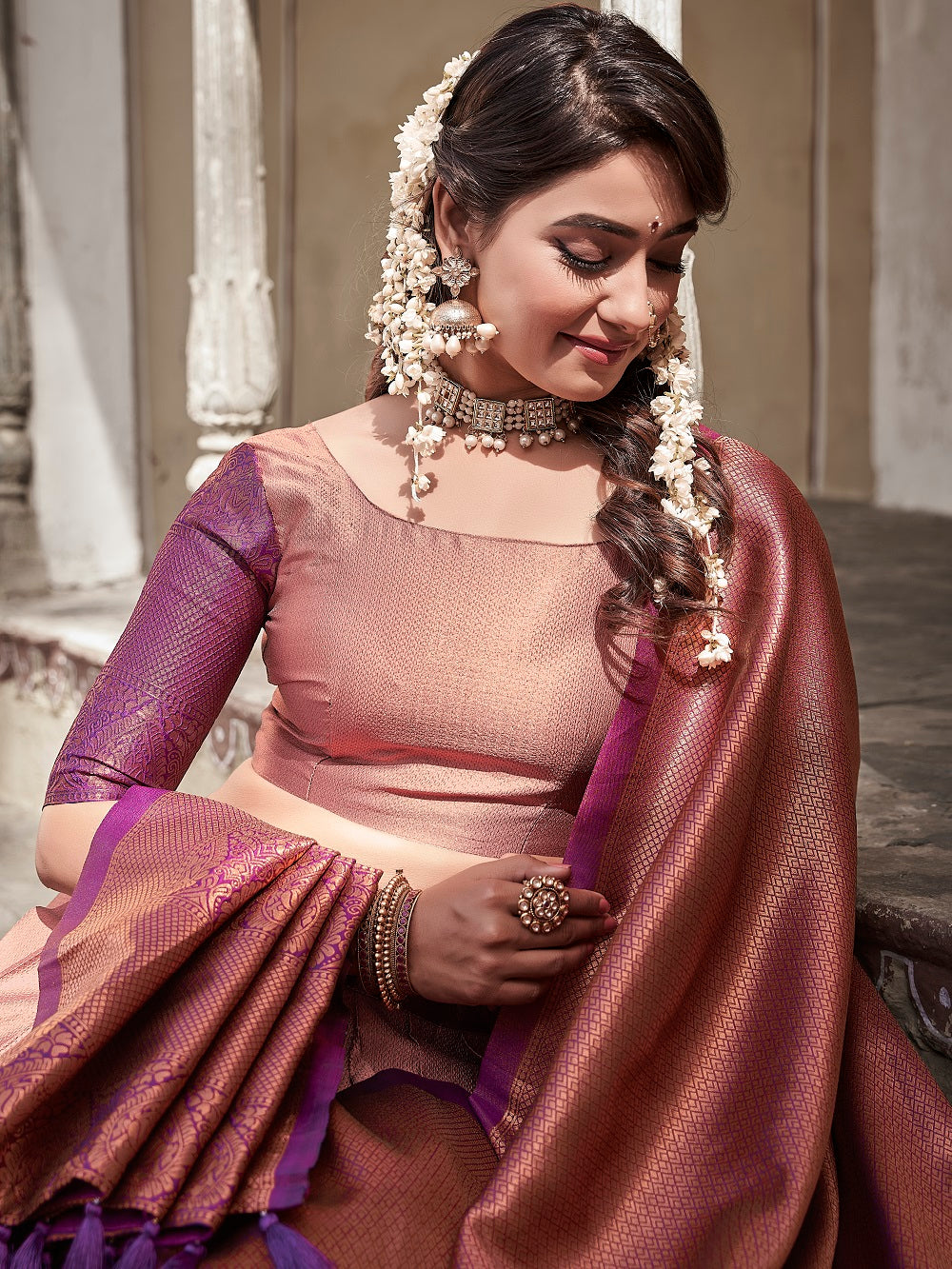 Peach Color Zari Weaving Work Jacquard Silk Dhavani Set Lehenga Choli