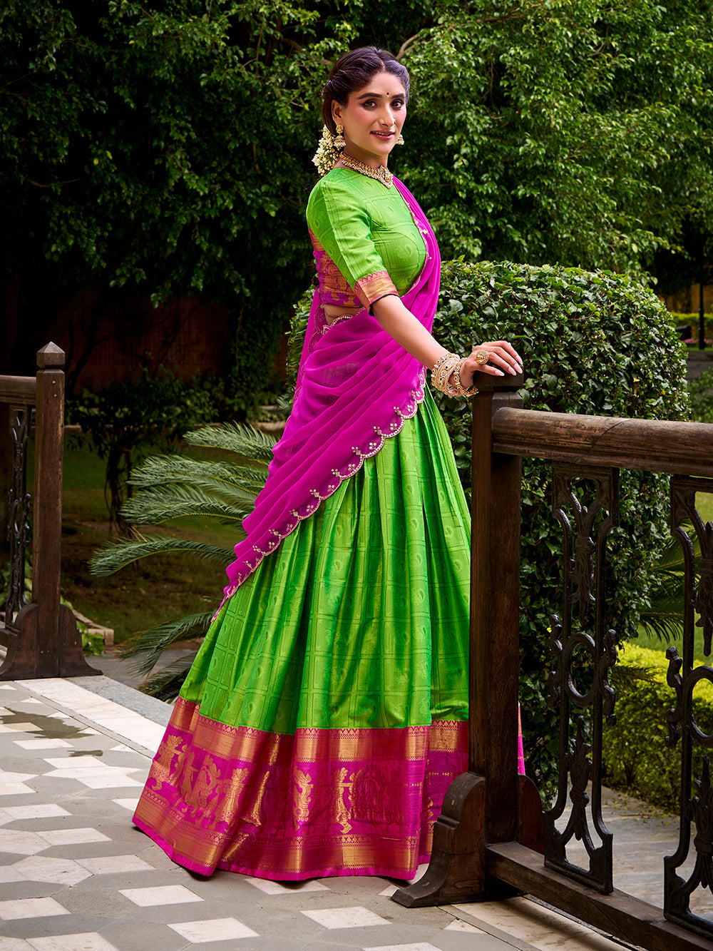 Parrot green poly cotton lehenga choli with zari weaving embroidered dupatta