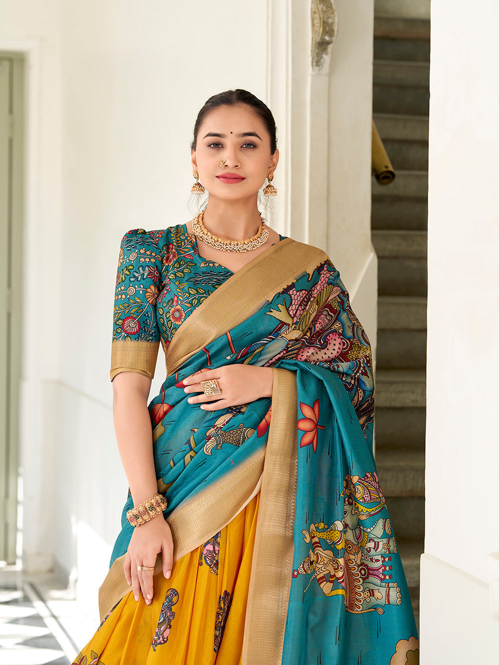 Yellow color kalamkari print with weaving border dola silk lehenga choli