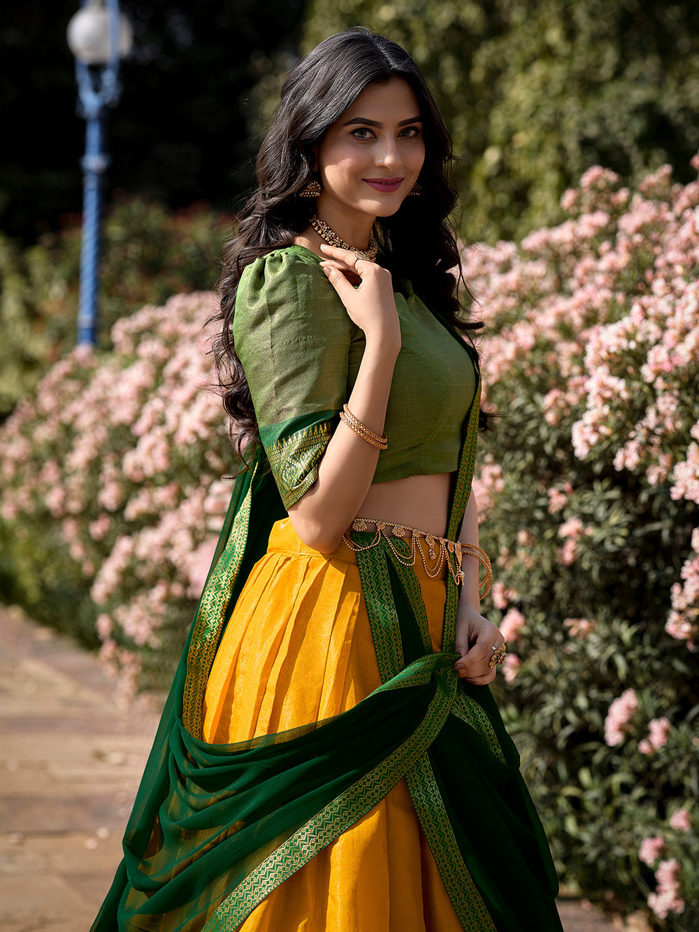 Yellow color zari weaving work kanchipuram haldi lehenga choli