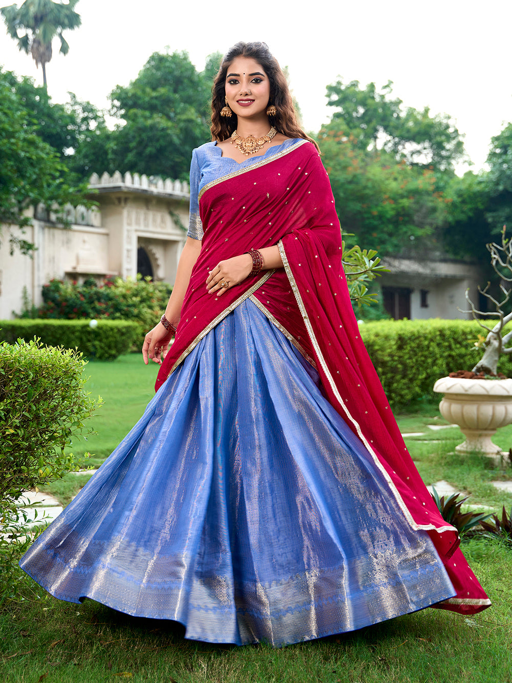 Royal blue kanchipuram lehenga choli with zari weaving embroidered dupatta