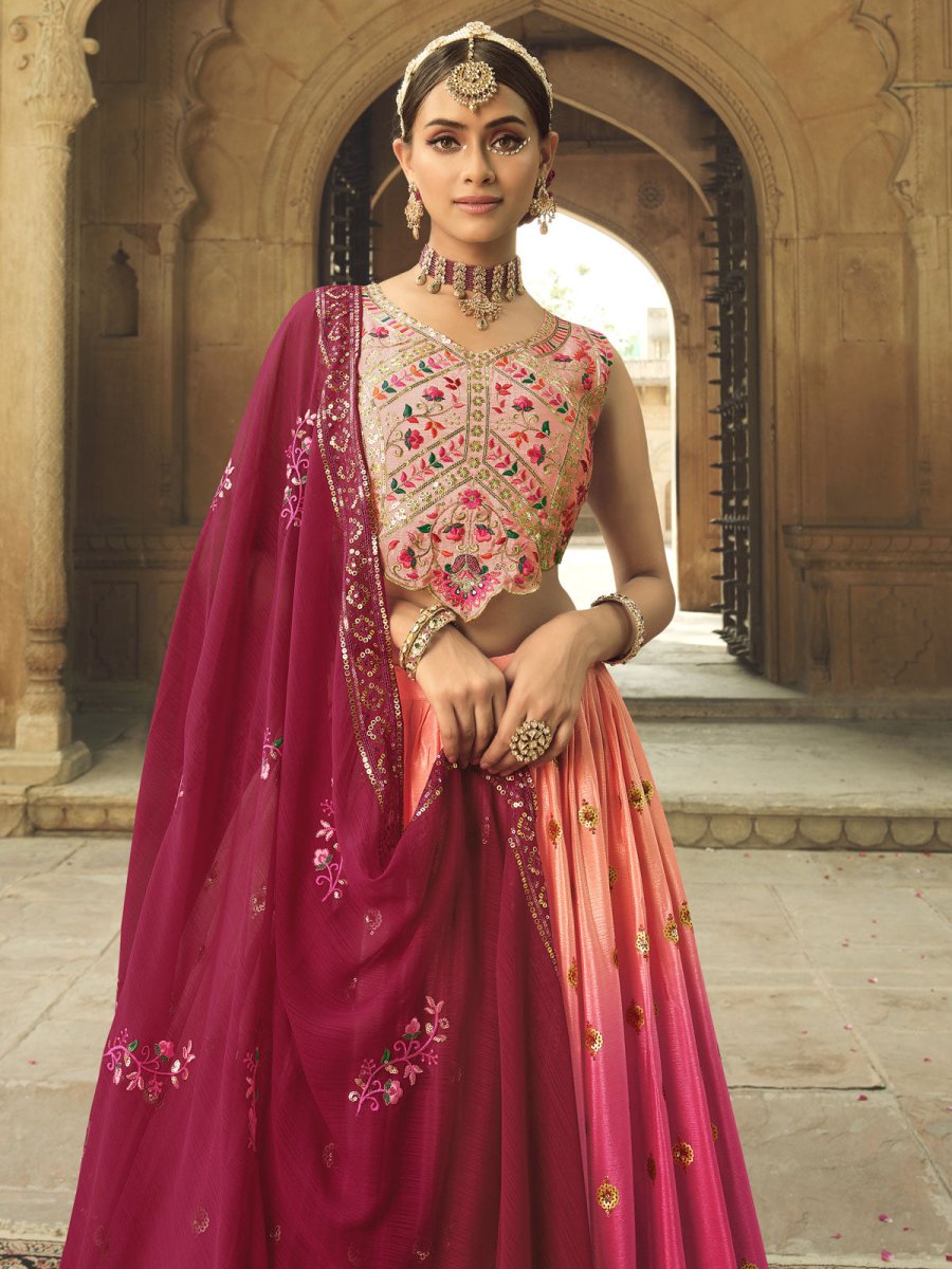Peach and Pink Silk Embroidered Lehenga Choli