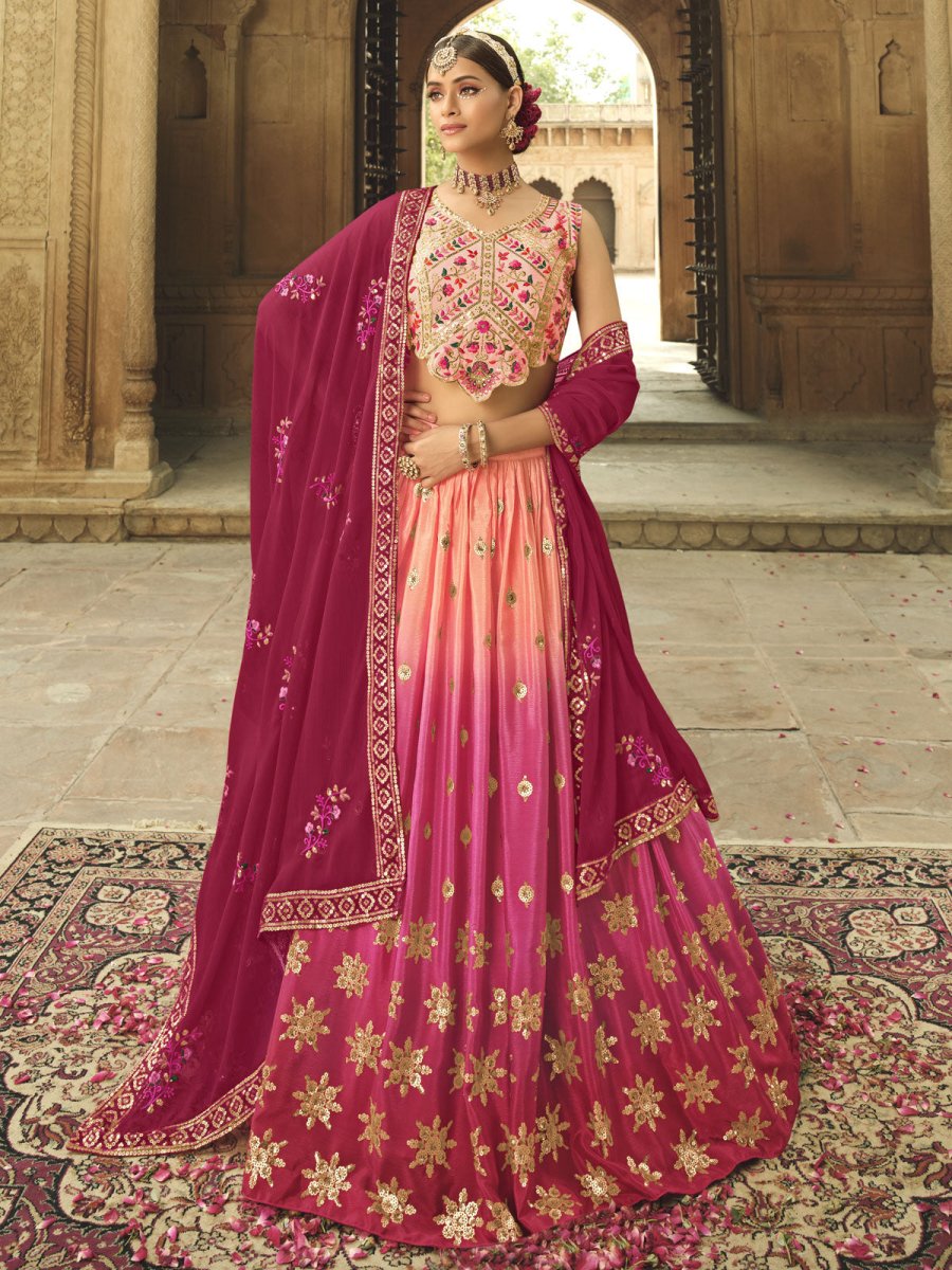 Peach and Pink Silk Embroidered Lehenga Choli