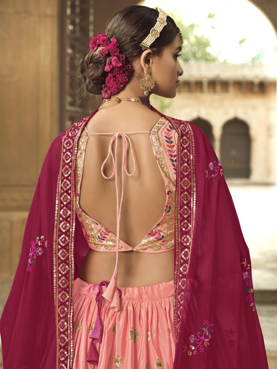Peach and Pink Silk Embroidered Lehenga Choli