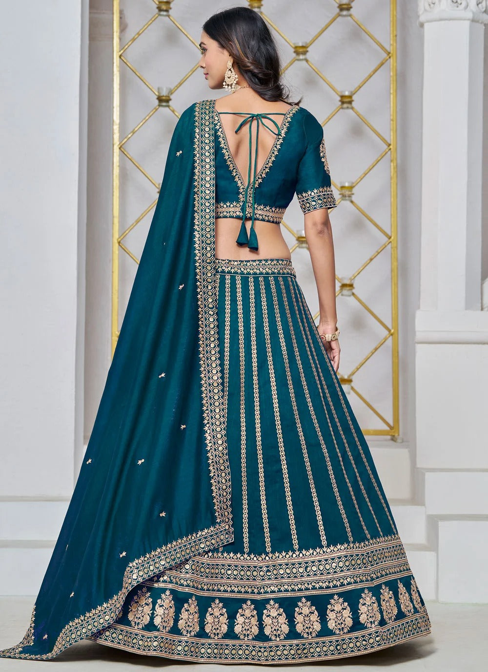 Morpeach wedding guest lehenga in art silk with embroidery