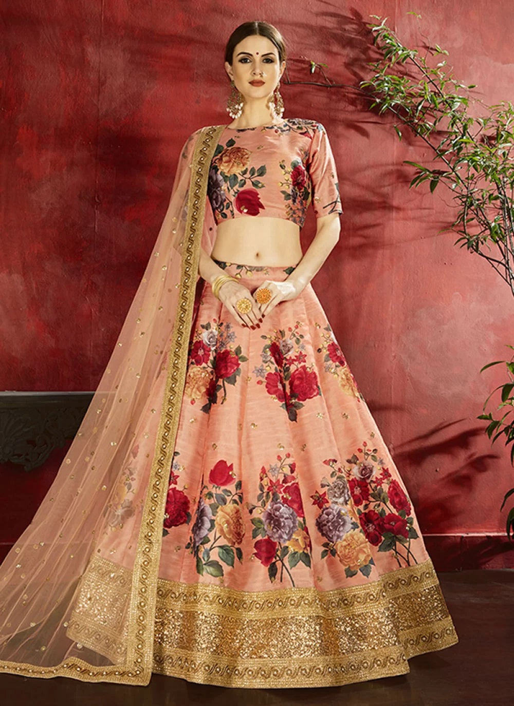 Peach bangalori silk floral design lehenga