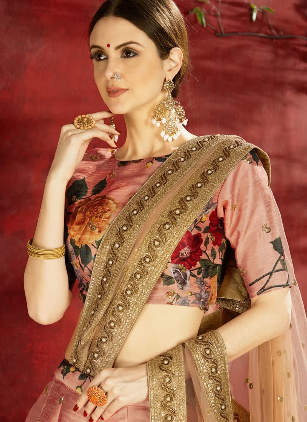 Peach bangalori silk floral design lehenga