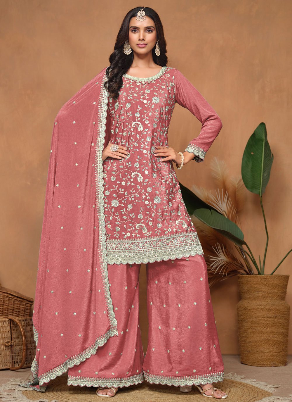 Peach chinon plazzo suit set