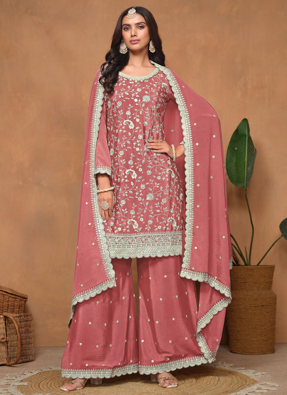 Peach chinon plazzo suit set