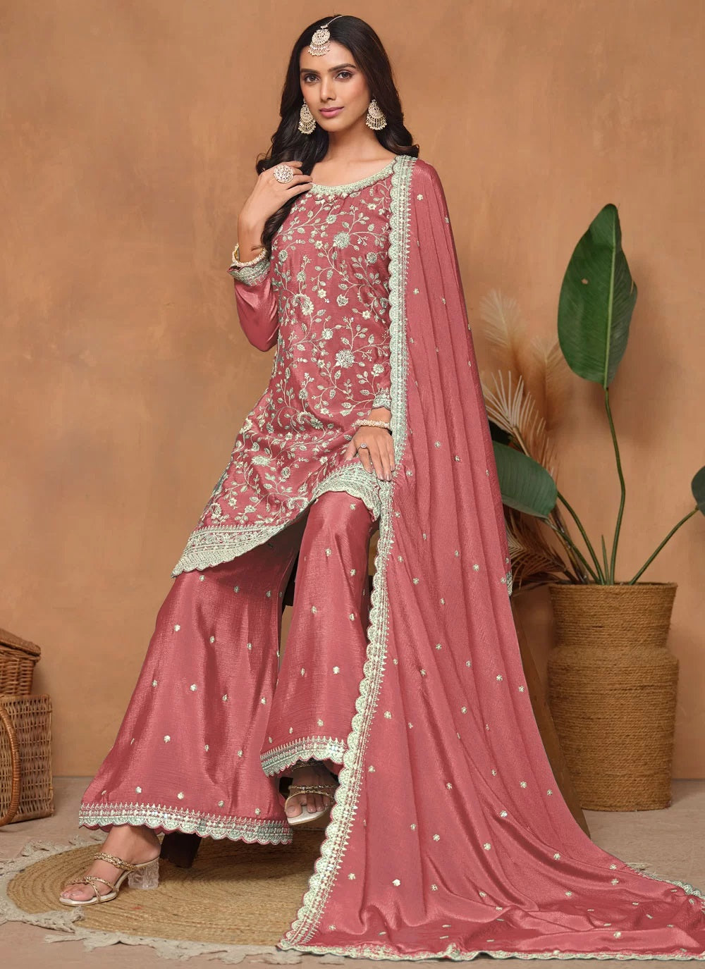 Peach chinon plazzo suit set
