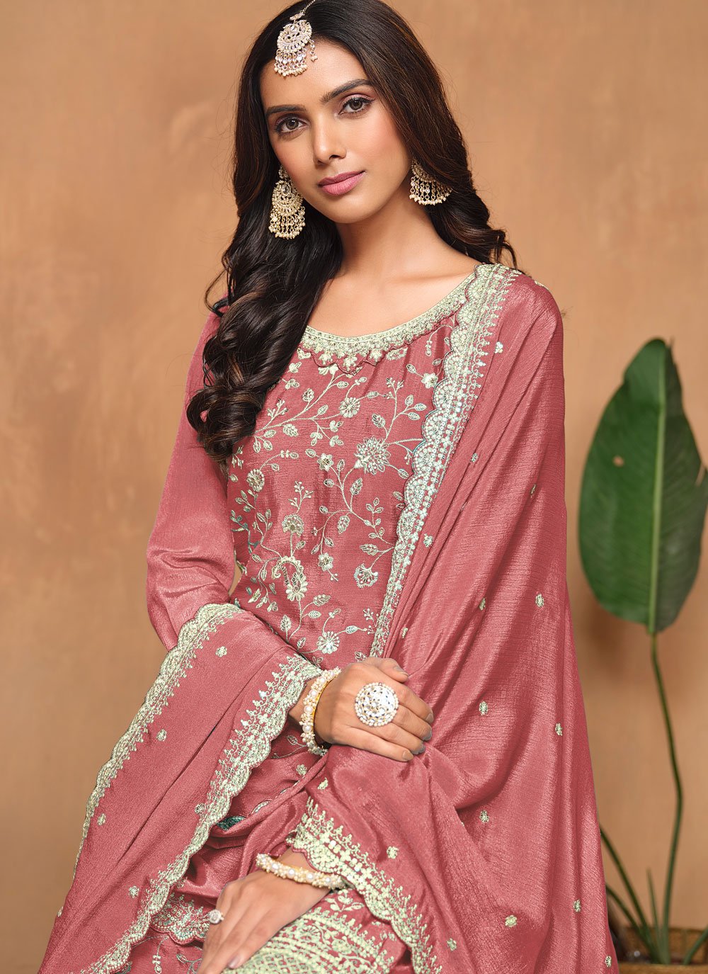 Peach chinon plazzo suit set