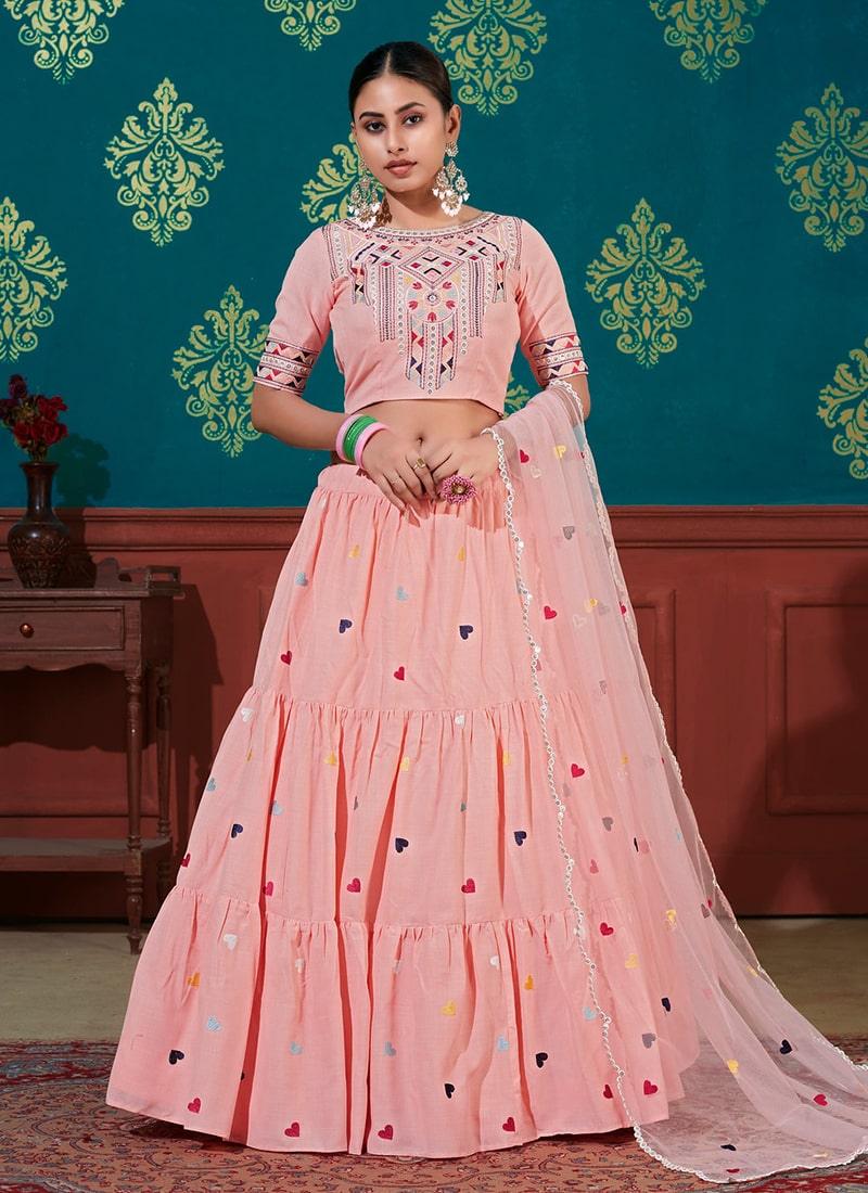 Peach Color Cotton Fabric Resham Work Lehenga Choli