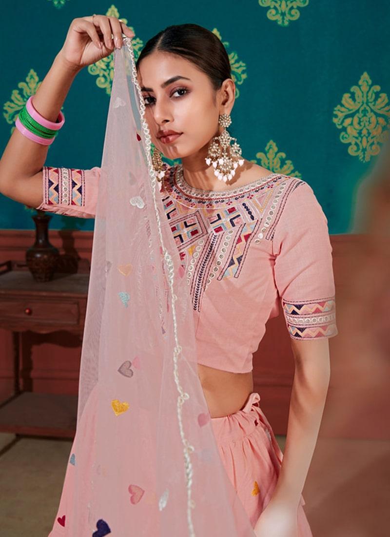 Peach Color Cotton Fabric Resham Work Lehenga Choli