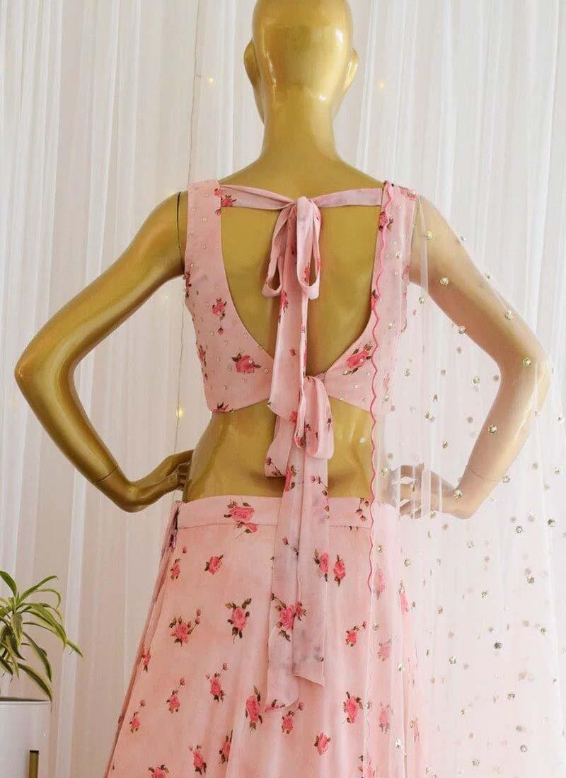 Peach Color Georgette Fabric Printed Crop Top Lehenga Choli