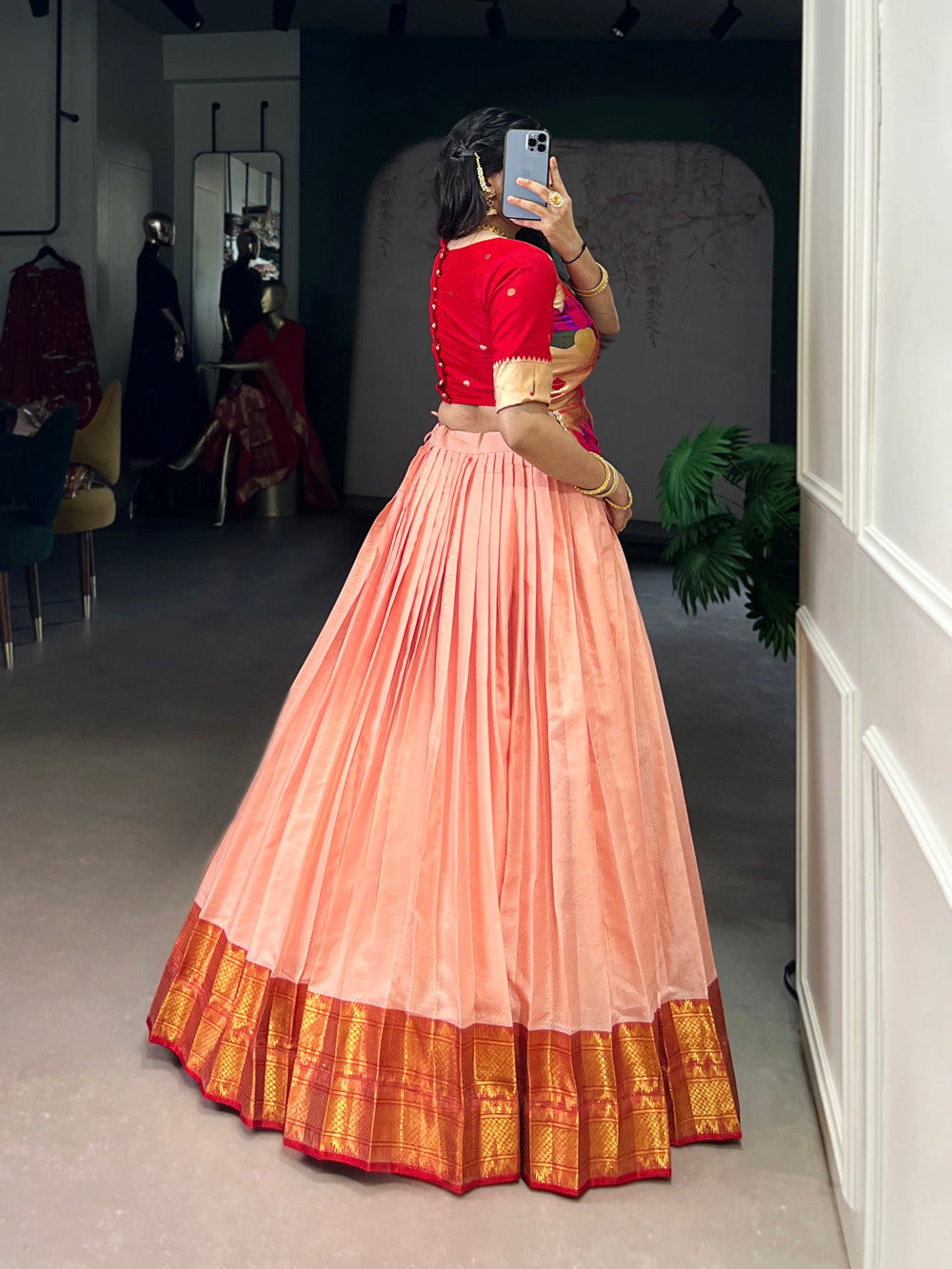 South indian style peach zari border lehenga choli with jacquard silk blouse
