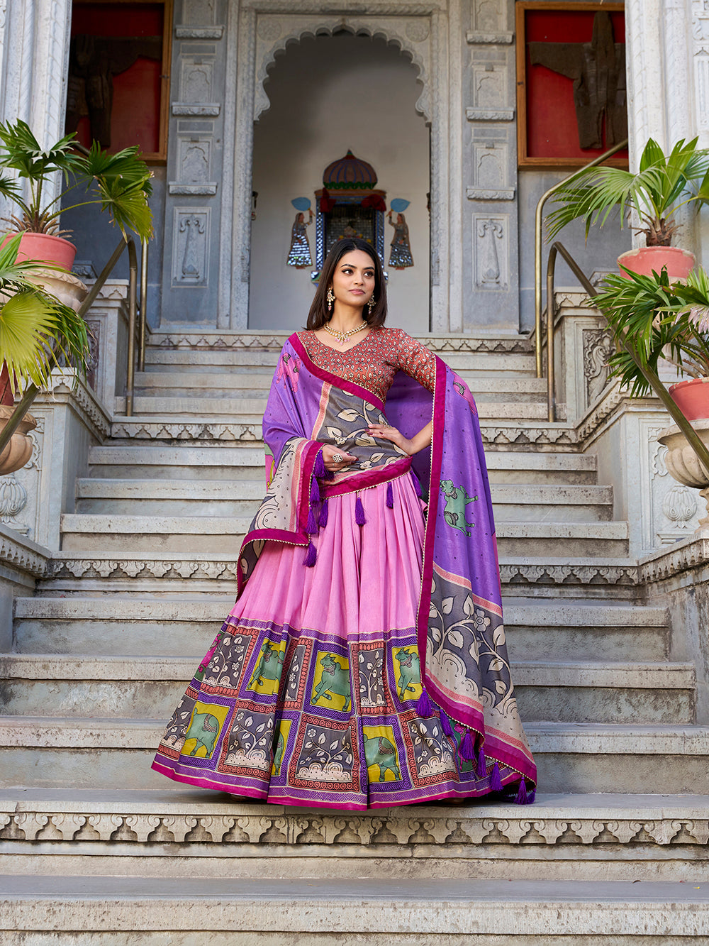 Peach tasar silk lehenga choli with kalamkari print foil work