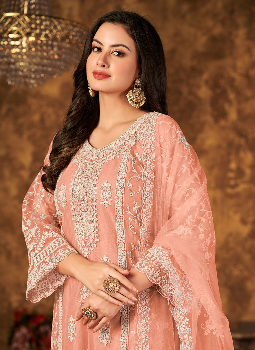 Peach color net ethnic palazo salwar suit for women