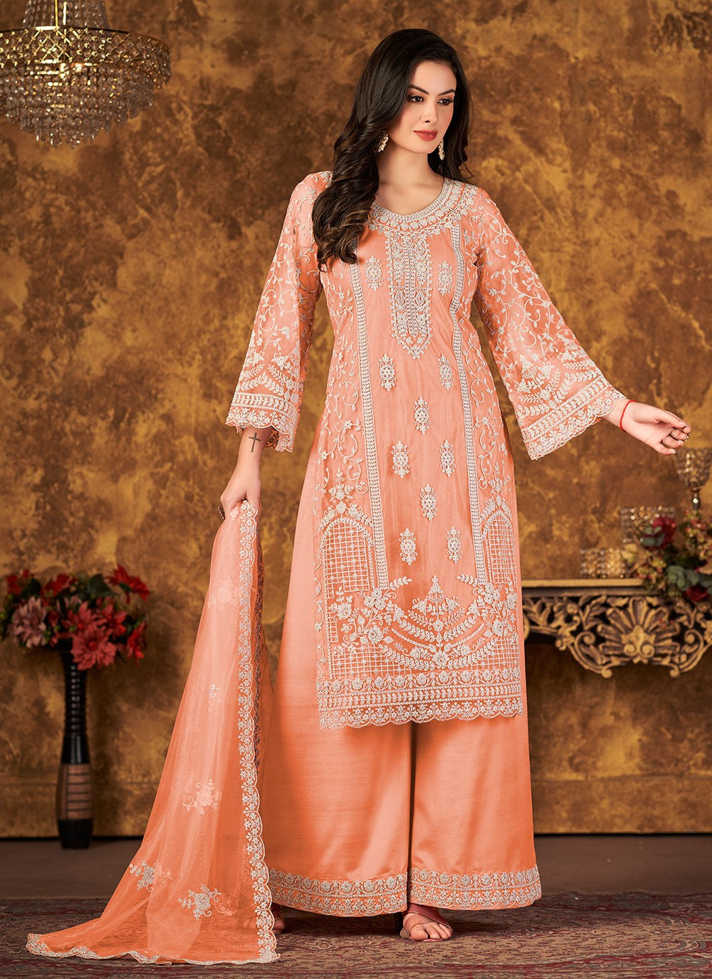 Peach color net ethnic palazo salwar suit for women