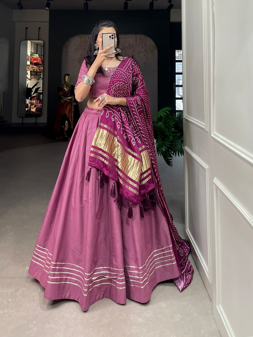 Peach Color Plain With Gotta Patti Cotton Lehenga Choli