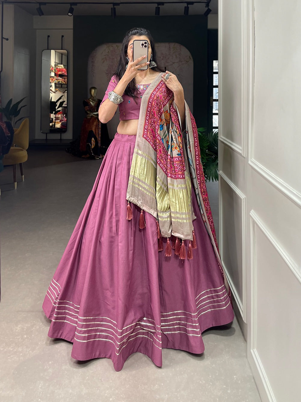 Peach Color Plain With Gotta Patti Cotton Lehenga Choli