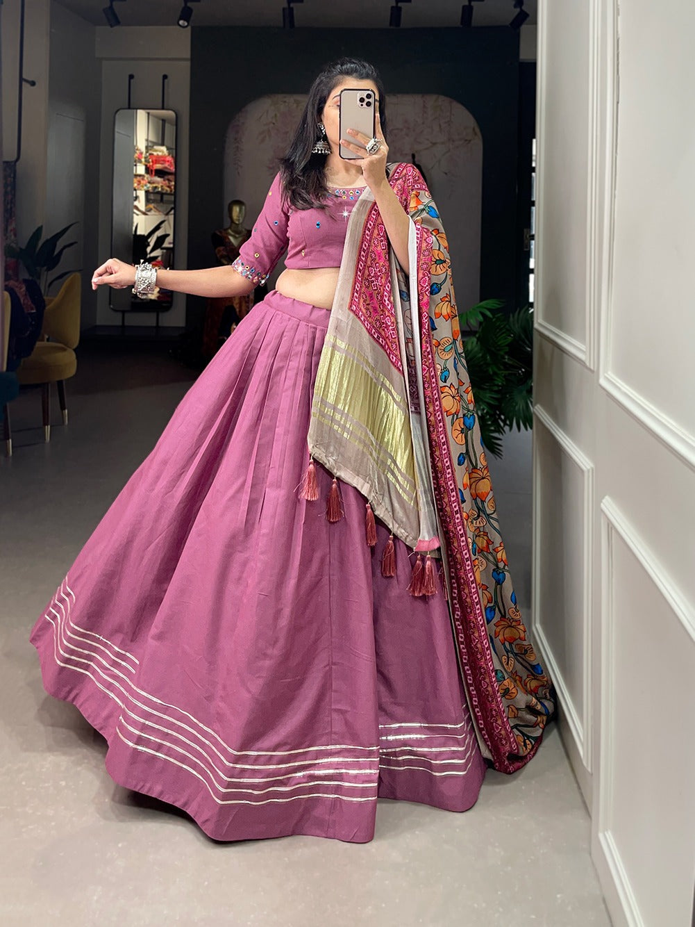 Peach Color Plain With Gotta Patti Cotton Lehenga Choli