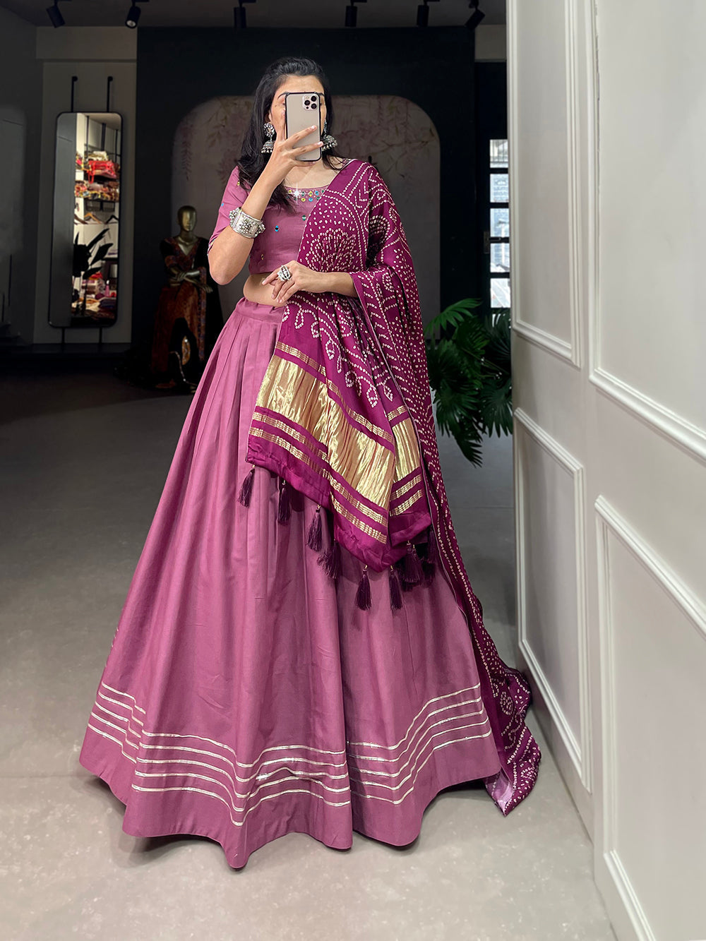 Peach Color Plain With Gotta Patti Cotton Lehenga Choli