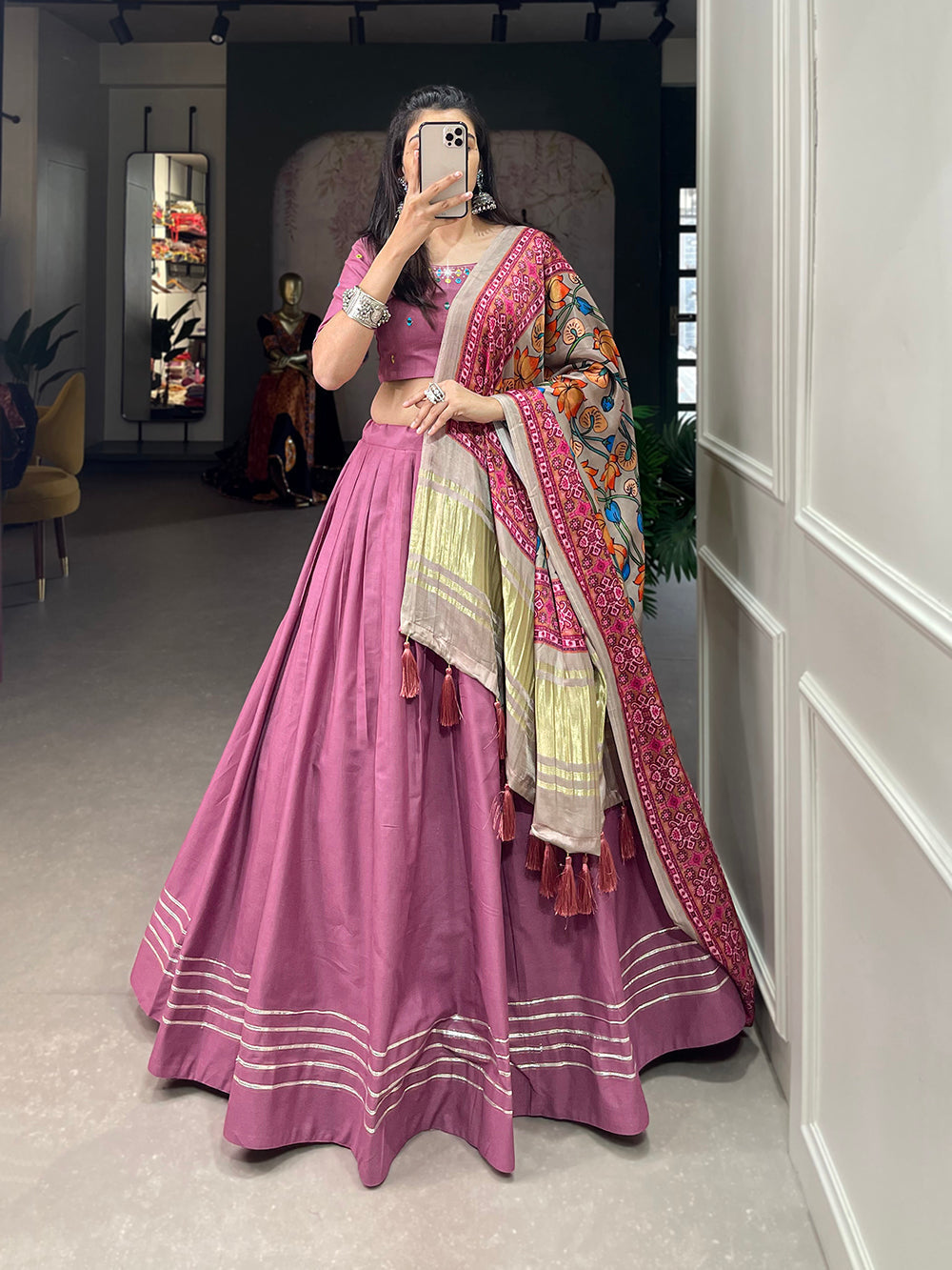 Peach Color Plain With Gotta Patti Cotton Lehenga Choli