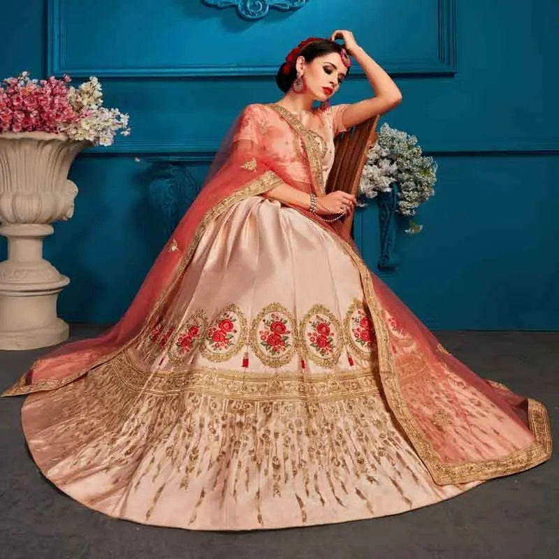 Peach color satin embroidery lehenga choli